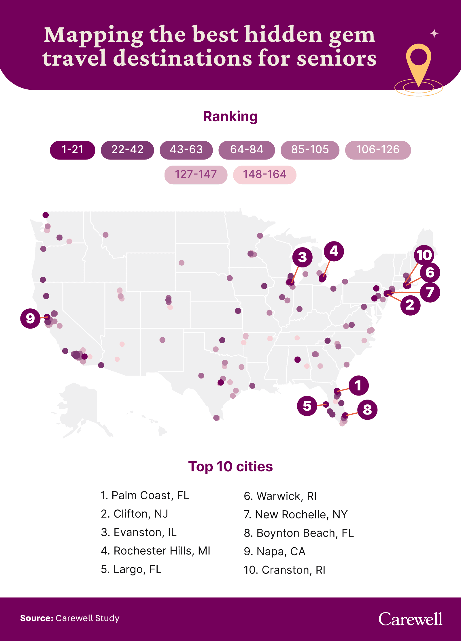 A map of the best hidden gem travel destinations for seniors