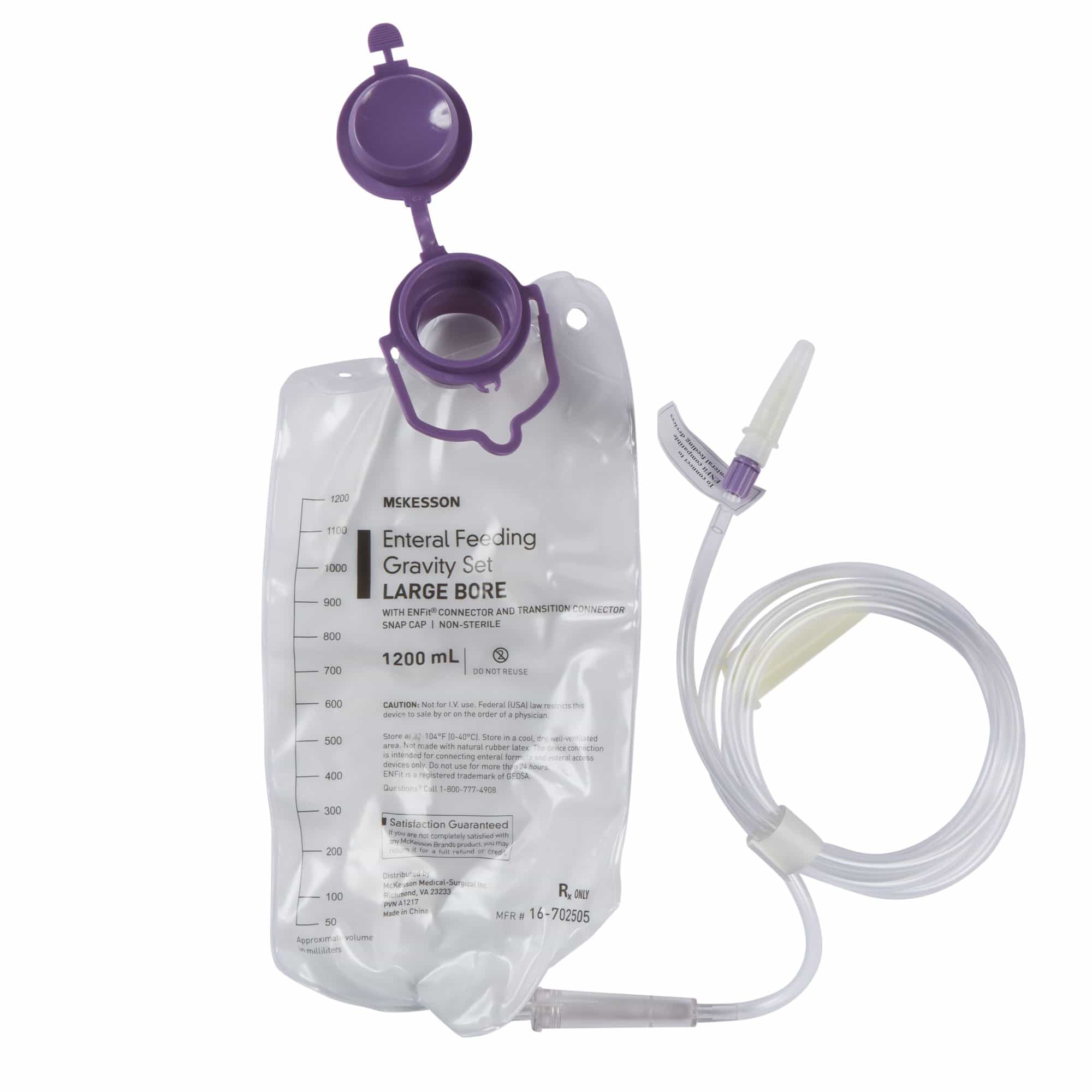 McKesson Gravity Feeding Bag Set with ENFit Connector, 1200 mL