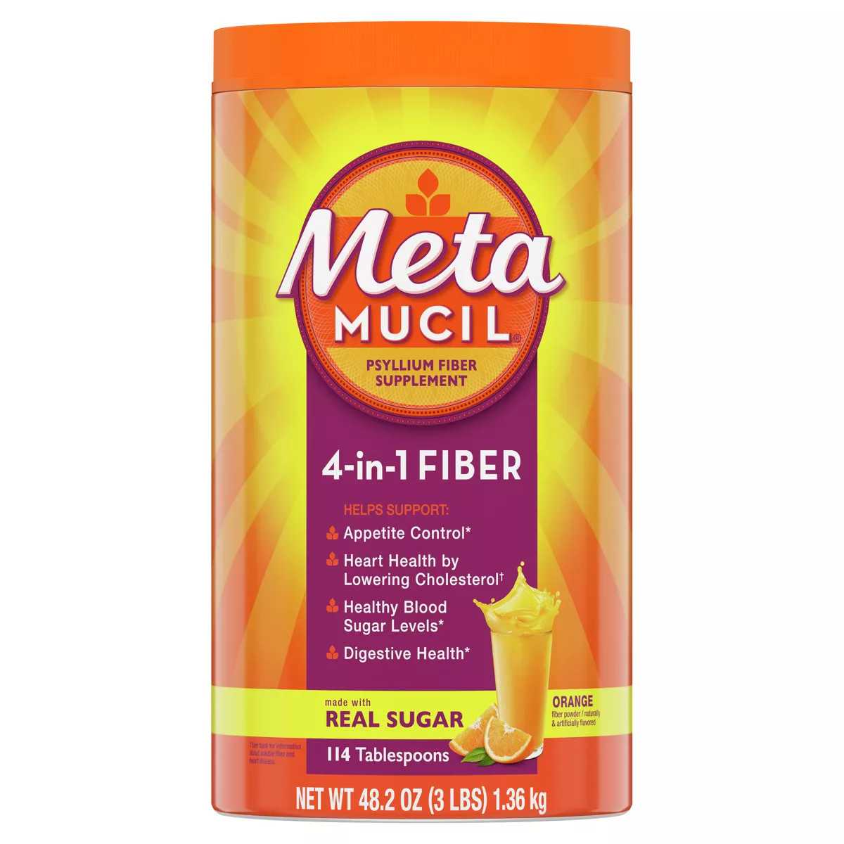 Metamucil Psyllium Fiber Supplement Powder with Real Sugar, Orange Smooth